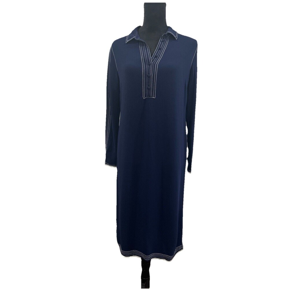 Boden Womens Size 6R Dress Blue White Stitching Collared Midi Buttons